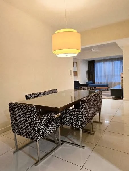 Dining features: 6-seater dining table, glass tabletop, upholstered dining chairs with geometric pattern, pendant lamp with round shade, white painted walls, tile flooring, large window with sheer curtains, open layout to living area; style: modern.