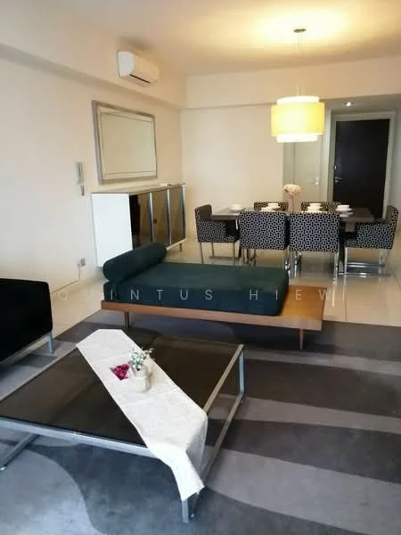 Living features: 2-seater fabric sofa in dark green, 3-seater fabric sofa in black, coffee table with wooden top and metal frame, area rug with striped pattern, wall-mounted air conditioning unit, large mirror on wall, pendant light fixture, dining table with 6 upholstered chairs, white table runner, decorative vase with flowers; style: modern.