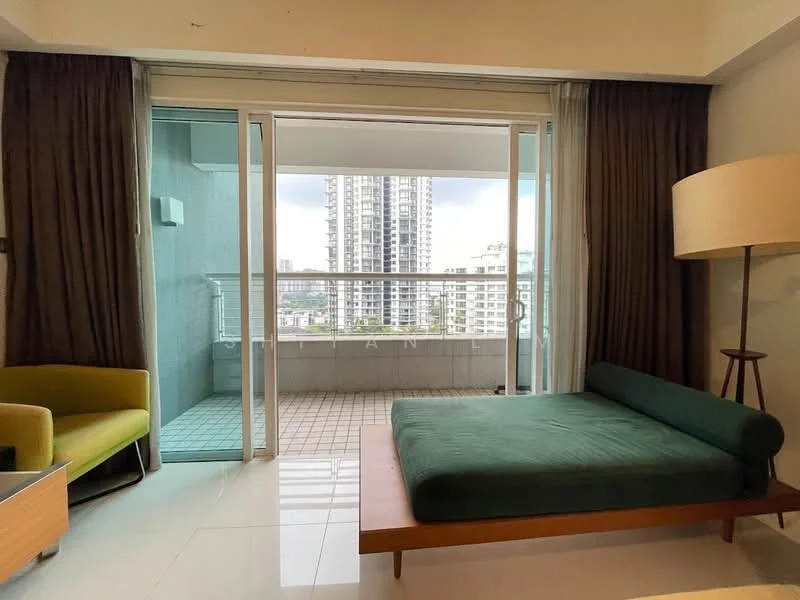 Living features: green upholstered sofa, wooden bed frame, floor-to-ceiling sliding glass door, curtains in brown, white walls, glossy tile flooring, lamp with beige shade, balcony view; style: modern; view: city.