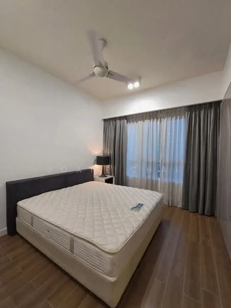 Bedroom features: queen-size bed, wooden bed frame, 5-blade ceiling fan with light, laminate flooring, floor-to-ceiling windows, sheer curtains, blackout curtains, nightstand with lamp, decorative wall, neutral wall color; style: modern.