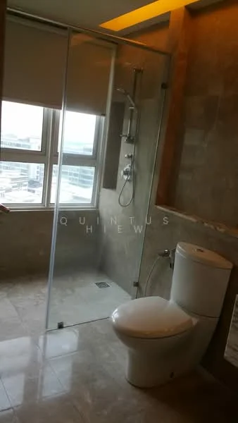 Bathroom features: glass shower enclosure, rain shower head, handheld shower, white one-piece toilet, wall-mounted bidet spray, stone tile flooring, grey tile walls, window with city view, roller blinds; style: modern; view: city.