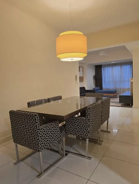 Dining features: 4-seater dining table, black and white patterned upholstered chairs, chrome legs on chairs, hanging pendant light, white painted walls, glossy tile flooring, large window with sheer curtains; style: modern. Room features: sofa in background, coffee table in background, floor-to-ceiling windows.