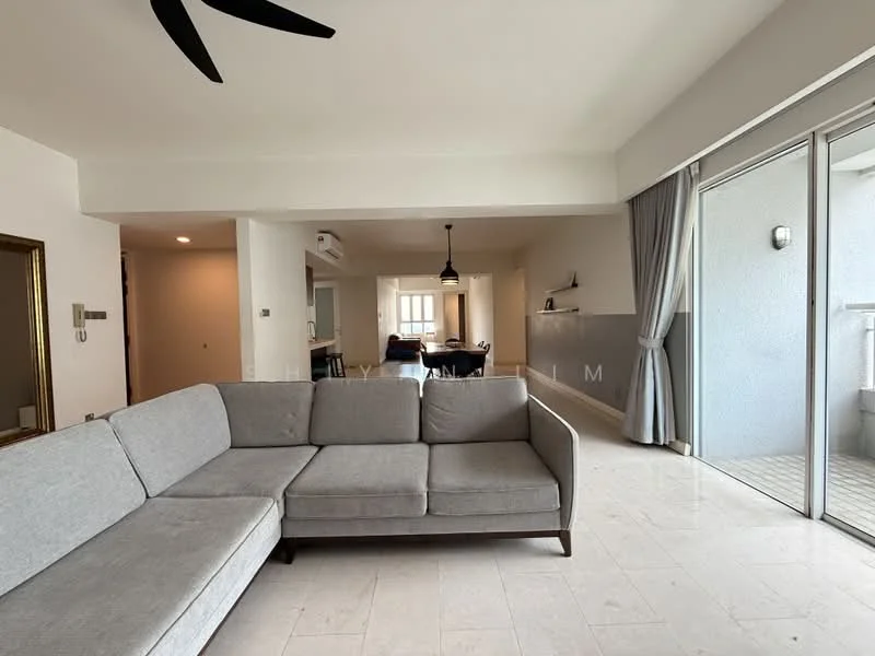 Living features: L-shape sectional sofa in grey, marble tile flooring, 5-blade ceiling fan, floor-to-ceiling sliding glass doors, curtains, decorative mirror, wall-mounted air conditioning unit, open layout to dining area; style: modern; view: city. Room features: white painted walls, recessed lighting, dining area visible in background.
