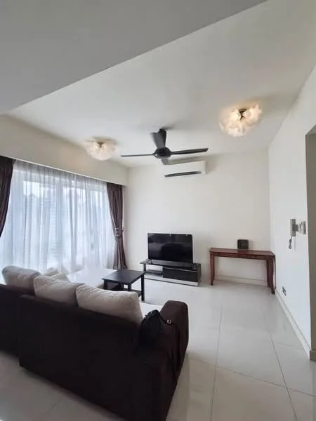 Living features: 3-seater fabric sofa in dark brown, white throw pillows, black coffee table, wall-mounted TV, TV console, floor-to-ceiling windows, sheer curtains, recessed downlights, 5-blade ceiling fan with light, split air conditioning unit, light-colored walls, glossy white tile flooring; style: modern.