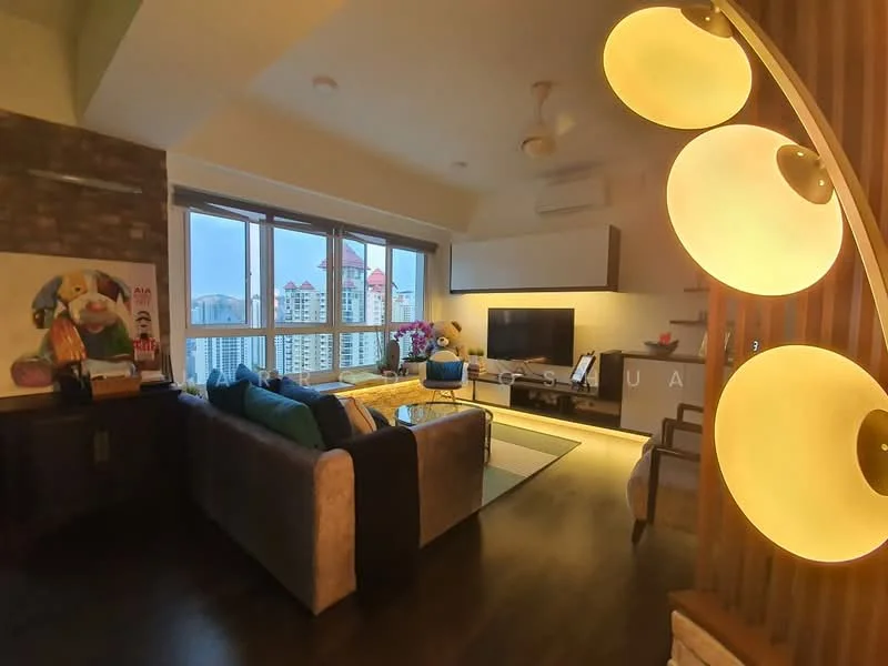 Living features: 3-seater fabric sofa in grey, coffee table, wall-mounted TV, entertainment unit, floor-to-ceiling windows, city view, ceiling fan, decorative floor lamp, wooden flooring, wall art, potted plants, accent pillows; style: modern; view: city.