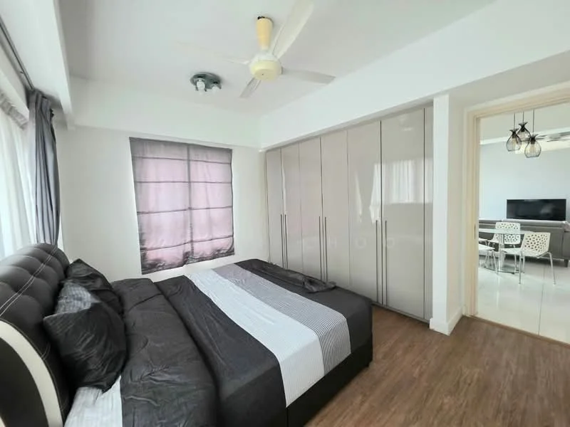 Bedroom features: king-size bed with black upholstered headboard, grey bedding, wooden flooring, floor-to-ceiling wardrobe with sliding doors, ceiling fan with light, window with sheer curtains, decorative light fixture, wall-mounted TV visible in the background; style: modern.