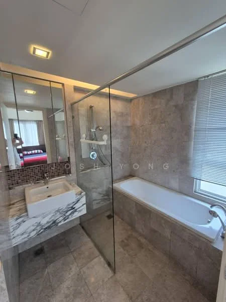 Bathroom features: marble countertop, single-bowl sink, chrome basin mixer faucet, bathtub, walk-in shower with glass enclosure, rain shower head, wall-mounted shower controls, tile cladding on walls, stone tile flooring, recessed downlights, window with blinds; style: modern.