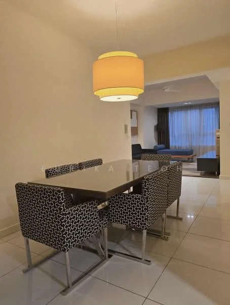 Dining features: 4-seater dining table, black and white patterned upholstered chairs, pendant lamp, glossy tile flooring, neutral painted walls, floor-to-ceiling windows, curtains, open layout to living area; style: modern.