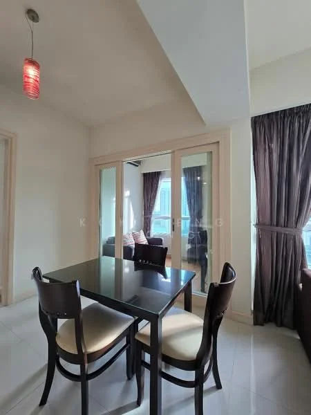 Dining features: glass dining table, 4 dining chairs with upholstered seats, pendant light fixture, floor-to-ceiling windows, curtains in dark fabric, white painted walls, tile flooring, open layout to living area; style: modern.