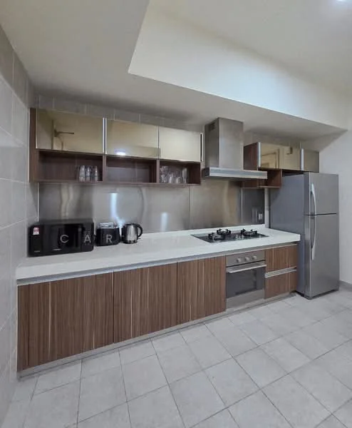 Kitchen features: stainless-steel fridge, built-in oven, 4-burner gas hob, stainless-steel range hood, white quartz countertop, wood cabinetry with brown finish, mirror-front upper cabinets, ceramic tile flooring, grey tiled backsplash, kettle, black coffee maker; style: modern.