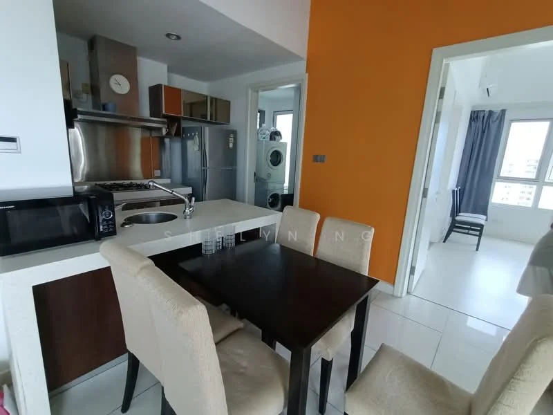 Kitchen features: stainless-steel sink, chrome pull-down faucet, granite countertop, built-in oven, freestanding range oven, stainless-steel fridge, microwave, kitchen island, white cabinetry, 4-burner gas hob, tile flooring, white painted walls, recessed downlights; style: modern; view: city. Dining features: 4-seater dining table, upholstered dining chairs; style: modern. Room features: grey curtains, white walls, tile flooring.