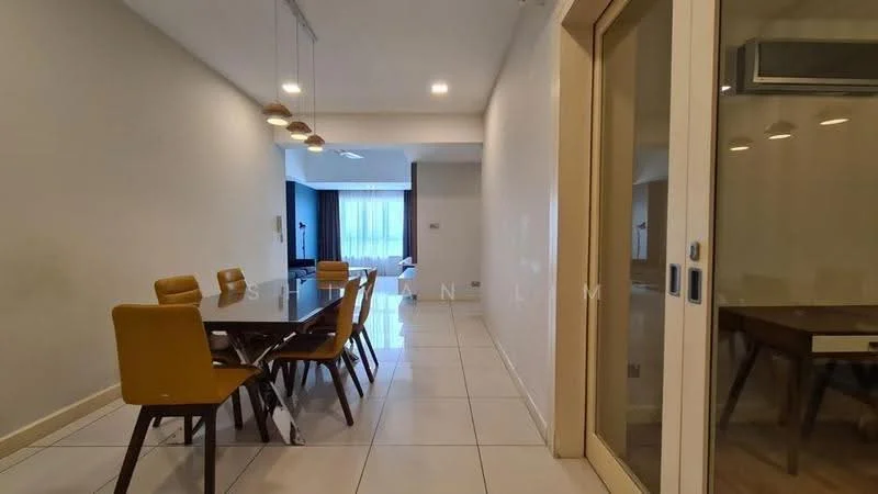 Dining features: rectangular dining table, 6 upholstered dining chairs in yellow, white tiled flooring, neutral painted walls, recessed downlights, large windows with sheer curtains, open layout to living area, air conditioning unit on wall; style: modern. Room features: neutral painted walls, white tiled flooring, recessed downlights.