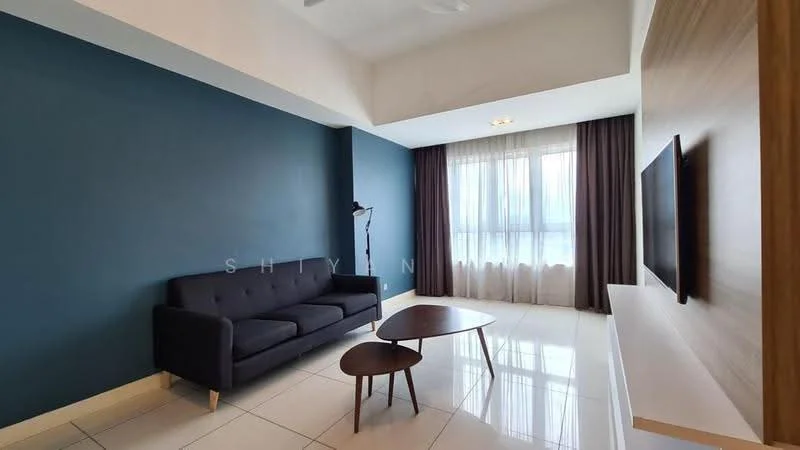 Living features: blue painted walls, white ceiling, white tile flooring, 3-seater fabric sofa in dark grey, wooden coffee table, floor lamp, wall-mounted TV, curtains, floor-to-ceiling windows, natural light; style: modern; view: city.