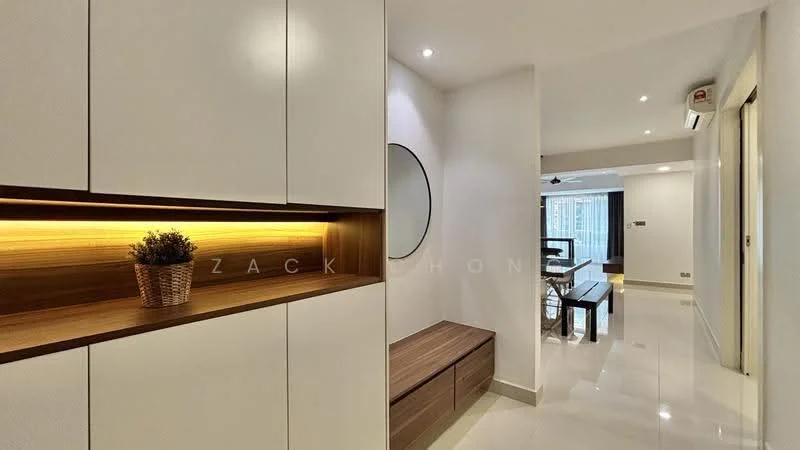 Room features: white textured cabinetry, wooden accent shelf, round mirror, recessed lighting, polished tile flooring, air conditioning unit, neutral wall color, decorative plant in pot; style: modern.