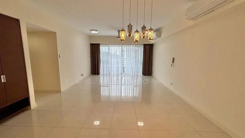 Living features: white painted walls, glossy ceramic tile flooring, recessed downlights, 5-blade ceiling fan, large floor-to-ceiling windows, sheer curtains, hanging pendant lights, air conditioning unit, built-in cabinetry, neutral color scheme; style: modern.