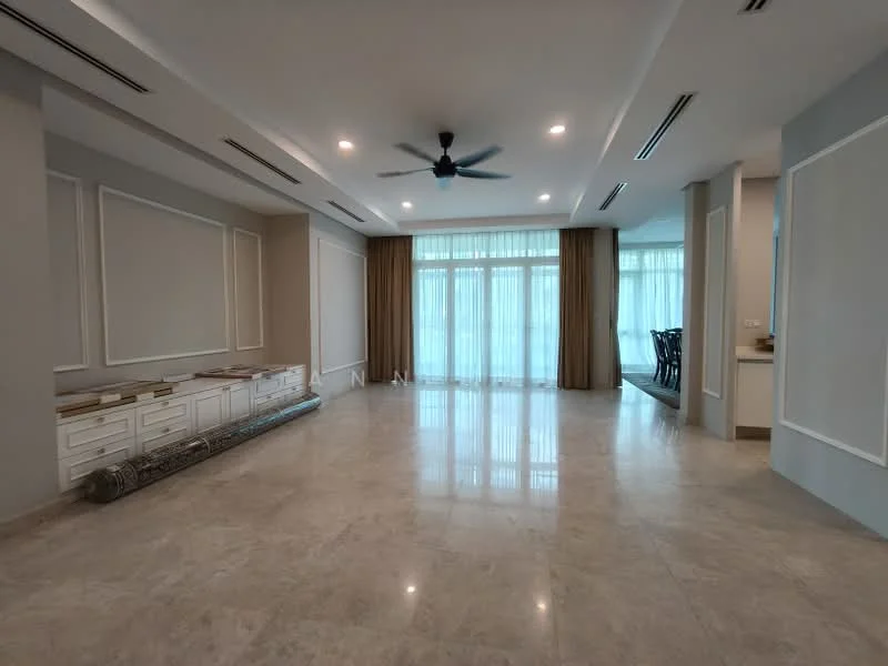 Living features: marble tile flooring, white painted walls, crown moulding, 5-blade ceiling fan with light, floor-to-ceiling windows, sheer curtains, sliding glass door, recessed downlights, open layout, neutral color palette, built-in cabinetry, decorative wall panels, natural light, access to outdoor space; style: modern; view: garden.