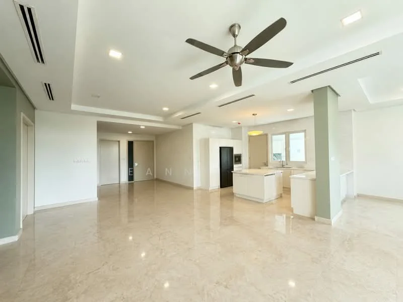 Living features: marble tile flooring, 5-blade ceiling fan with light, recessed downlights, large windows, open layout, neutral wall color, kitchen island, built-in cabinetry, sliding glass door, high ceiling; style: modern. Kitchen features: kitchen island, built-in cabinetry, stainless-steel fridge, open layout, neutral wall color; style: modern.