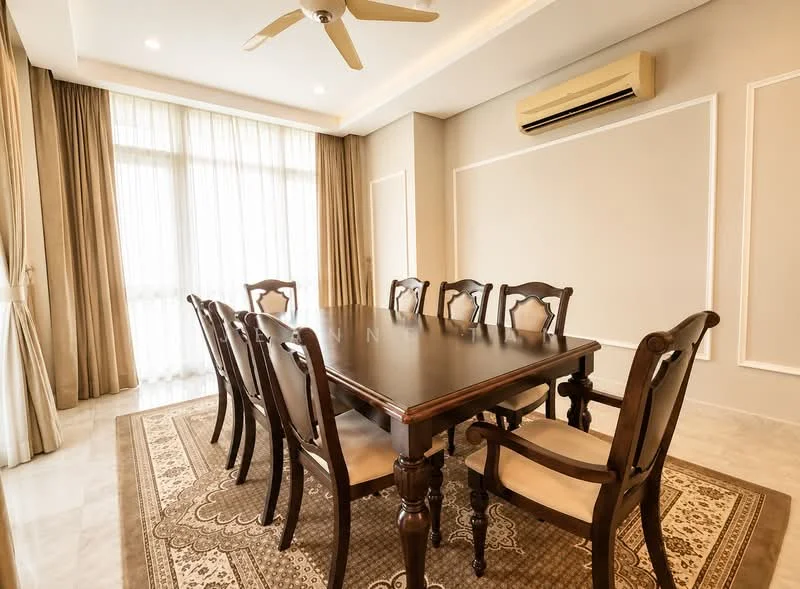 Dining features: 8-seater dining table, wooden dining chairs with upholstered seats, area rug with intricate pattern, floor-to-ceiling windows with sheer curtains, cream painted walls, recessed downlights, ceiling fan with light, wall-mounted split AC; style: modern.