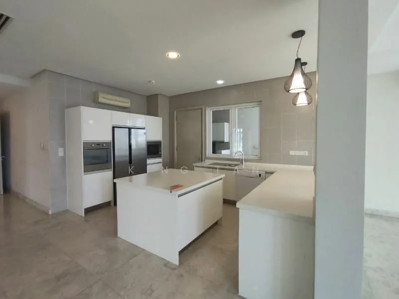 Kitchen features: white cabinetry, island countertop, stainless-steel fridge, built-in oven, ceramic tile backsplash, double-bowl stainless-steel sink, chrome pull-down faucet, pendant lighting, grey tiled walls, marble tile flooring, large windows for natural light, open layout to living area; style: modern.