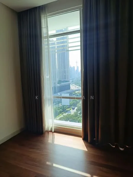 Room features: floor-to-ceiling window, curtains in brown, wooden flooring, city skyline view, natural light from window; style: modern; view: city.