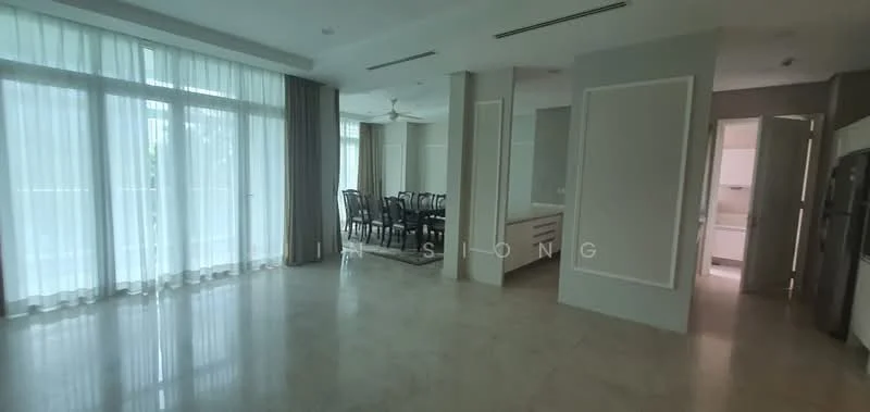 Living features: large floor-to-ceiling windows, sheer curtains, 5-blade ceiling fan, marble flooring, neutral wall colour, open layout, dining area adjacent, natural light flooding in; style: modern; view: garden. Dining features: 6-seater dining table, upholstered dining chairs, decorative wall paneling, direct access to balcony; style: modern; view: garden. Room features: doorway leading to bathroom, doorway leading to kitchen.