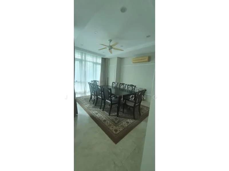 Dining features: 10-seater dining table, black wooden dining chairs, ceiling fan, recessed downlights, large windows with sheer curtains, marble flooring, area rug with geometric pattern, air conditioning unit on wall; style: modern.
