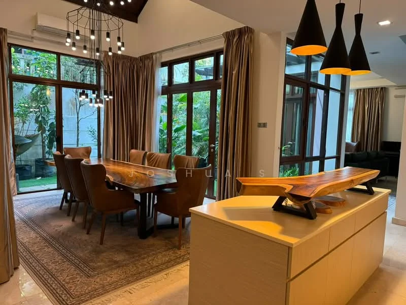Dining features: large wooden dining table, 8 upholstered dining chairs, pendant lighting with three black shades, floor-to-ceiling windows, sheer curtains, decorative area rug, wooden sideboard, greenery view from windows; style: modern; view: garden.