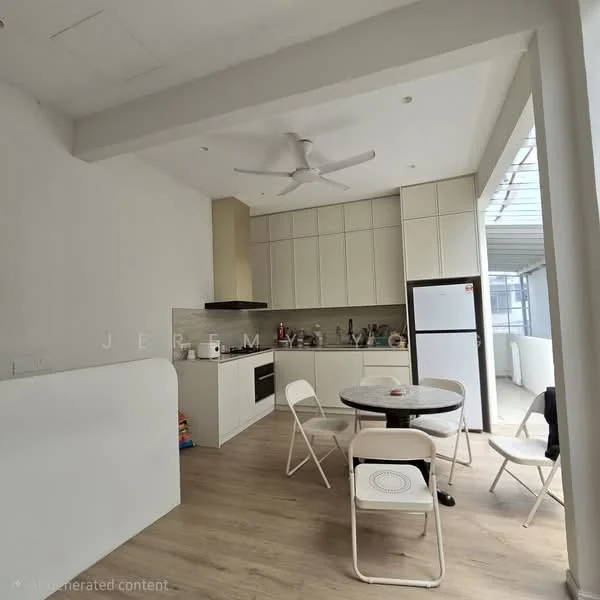Kitchen features: white cabinetry, black countertop, built-in oven, stainless-steel fridge, 4-burner gas hob, single-bowl stainless-steel sink, chrome pull-down faucet, pendant light, ceiling fan, wooden flooring, open layout, dining table with chairs; style: modern.