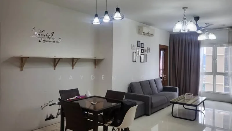 Living features: grey fabric sofa, coffee table, dining table with four chairs, wall-mounted air conditioning unit, recessed downlights, three pendant lights, white painted walls, glossy tile flooring, decorative wall art, curtains, framed photographs, open shelving; style: modern.