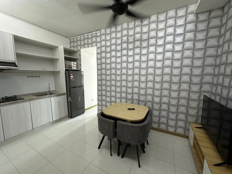 Kitchen features: grey textured accent wall, white cabinets, stainless-steel gas hob, stainless-steel fridge, wooden dining table, 2 upholstered dining chairs, wall-mounted TV, white tiled flooring, ceiling fan; style: modern.
