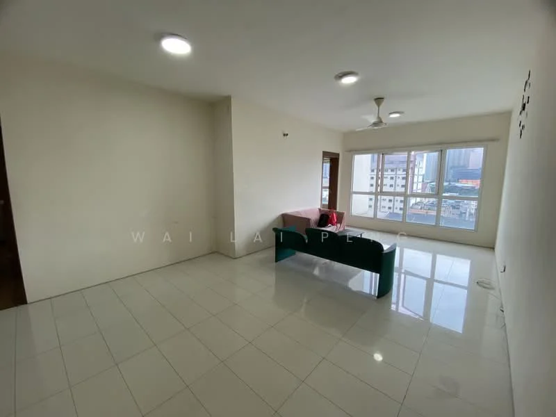 Living features: white painted walls, glossy ceramic tile flooring, 5-blade ceiling fan with light, large floor-to-ceiling windows, green fabric sofa, natural light from windows, neutral color scheme, no visible decor; style: modern; view: city.
