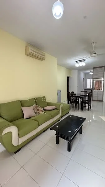Living features: green fabric sofa, black coffee table, white tiled flooring, wall-mounted air conditioning unit, ceiling fan, recessed ceiling lights, decorative cushions, open layout to dining area; style: modern.