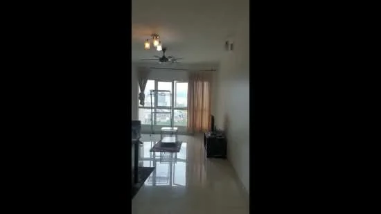 Living features: white painted walls, polished marble flooring, 5-blade ceiling fan with light, floor-to-ceiling windows, sheer curtains, sofa, coffee table, TV console, area rug; style: modern; view: city.
