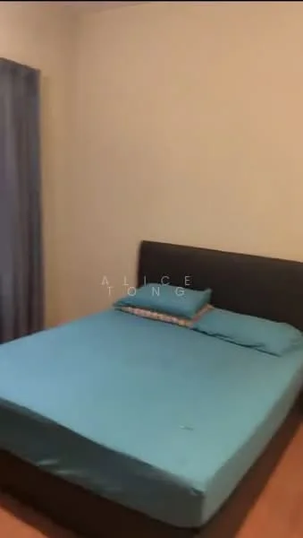 Bedroom features: queen-size bed with blue bedding, dark wood bed frame, light wood flooring, blue curtains, plain white walls, decorative pillows.
