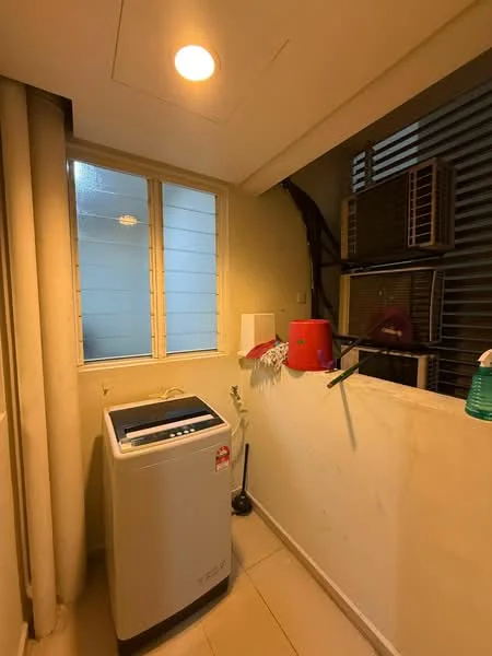 Laundry features: front-load washing machine, white walls, tile flooring, window with blinds, wall-mounted split AC, shelf with cleaning supplies, decorative plant, light fixture in ceiling.