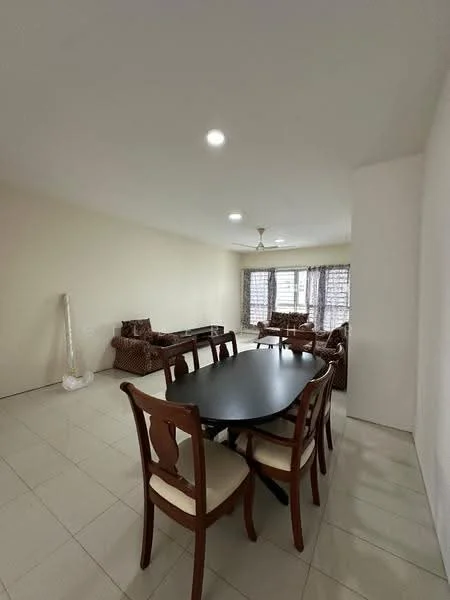 Dining features: rectangular dining table with black surface, 4 upholstered dining chairs in cream, 2-seater fabric sofa in brown, 3-seater fabric sofa in brown, coffee table with glass top, floor-to-ceiling windows with sheer curtains, white painted walls, recessed downlights, light-coloured tiled flooring, ceiling fan; style: modern.