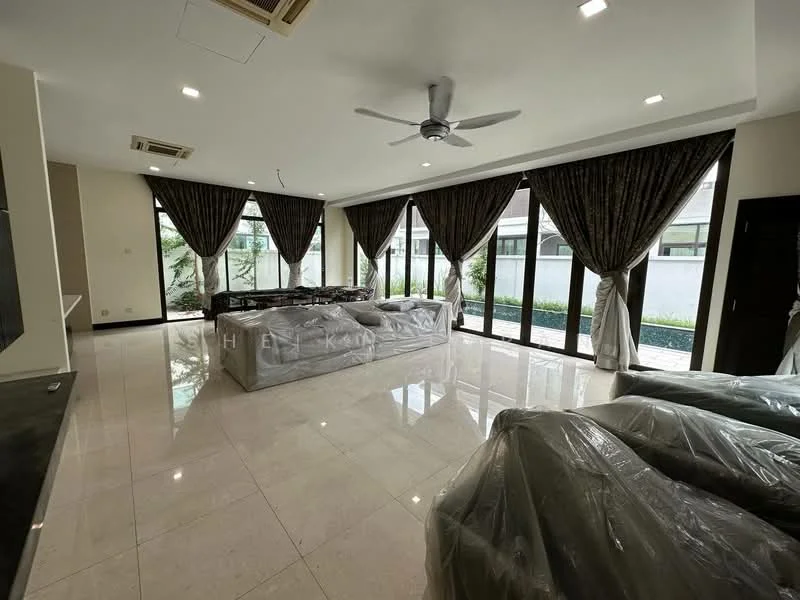 Living features: marble tile flooring, 5-blade ceiling fan with light, floor-to-ceiling windows, sheer curtains, dark patterned drapes, recessed downlights, neutral wall colour, decorative wall, outdoor view, furniture covered in plastic; style: modern; view: garden.