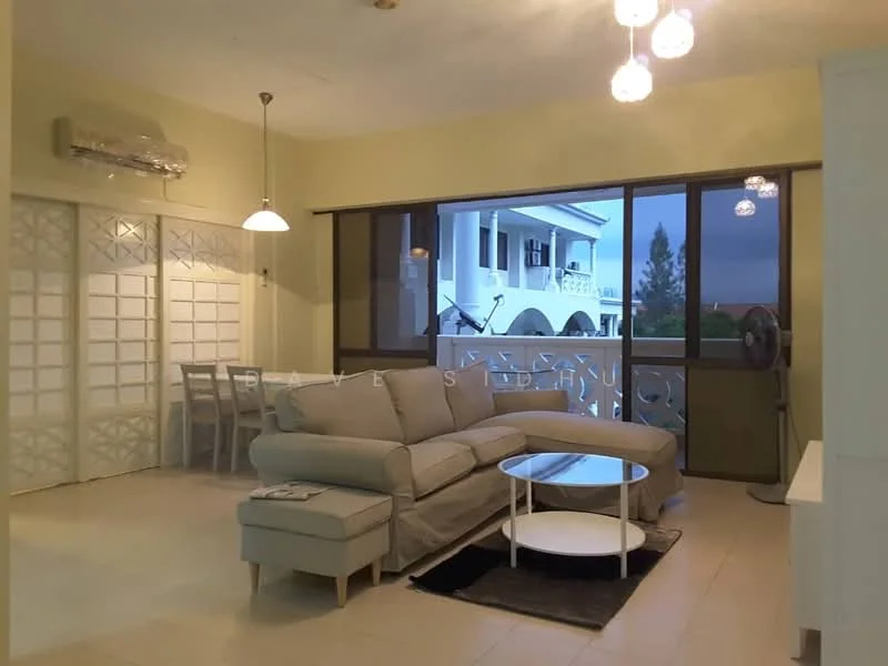 Living features: 3-seater fabric sofa in light grey, round coffee table with white top, area rug in black, floor-to-ceiling windows, sliding glass door, wall-mounted split AC, pendant lamp, dining table with 6 chairs, light green painted walls, tile flooring, decorative wall paneling; style: modern; view: garden.