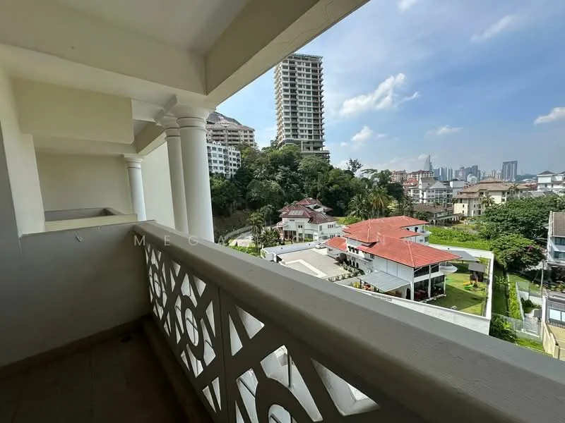 Room features: balcony with decorative railing, stone flooring, view of surrounding buildings, view of landscaped gardens, partially covered area, outdoor space, city skyline in background, greenery visible; view: city.