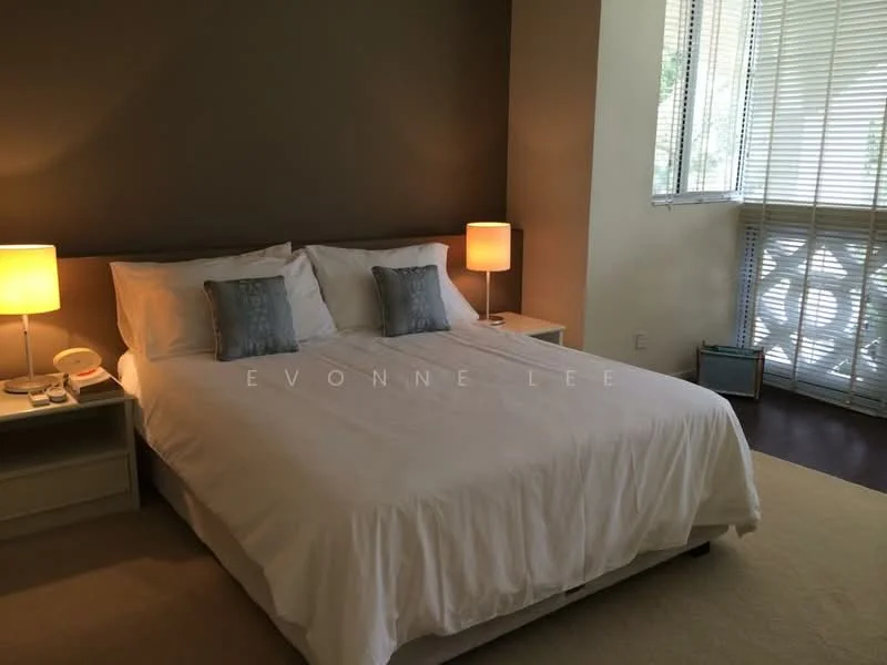 Bedroom features: king-size bed with white bedding, upholstered headboard, two bedside lamps with warm light, wooden bedside tables, window with blinds, dark wood flooring, decorative pillows, wall with a neutral color, telephone on bedside table; style: modern.