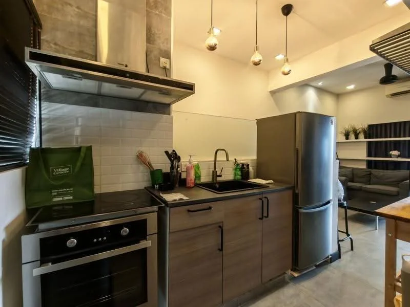 Kitchen features: stainless-steel fridge, built-in oven, 4-burner gas hob, single-bowl stainless-steel sink, chrome pull-down faucet, black cabinetry, white subway tile backsplash, pendant lighting, grey tile flooring, open shelving; style: modern.