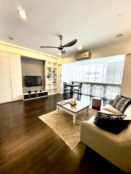 Living features: wooden flooring, white painted walls, 5-blade ceiling fan with light, wall-mounted TV, built-in shelving unit, large windows with sheer curtains, dining table for two, cream fabric sofa, decorative cushions, coffee table, area rug with geometric pattern, air conditioning unit; style: modern; view: city.