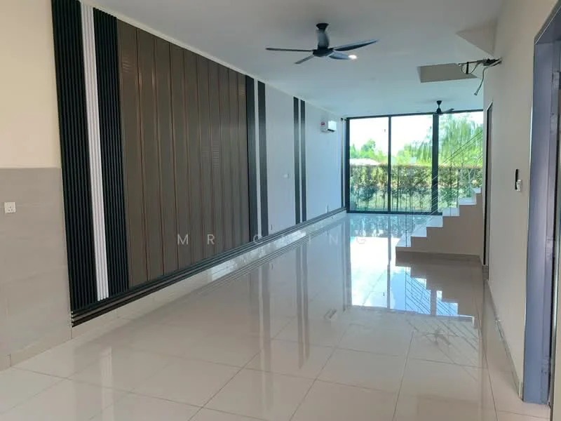 Living features: white tiled flooring, grey accent wall with vertical panels, large floor-to-ceiling windows, sliding glass door, 5-blade ceiling fan, recessed downlights, staircase visible in background, neutral wall color; style: modern; view: garden.