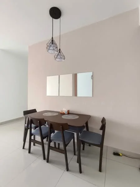 Dining features: 6-seater dining table, wooden dining table, upholstered dining chairs in blue, pendant lighting with geometric design, mirrored wall decor, light-colored painted walls, ceramic tile flooring, neutral color scheme; style: modern.