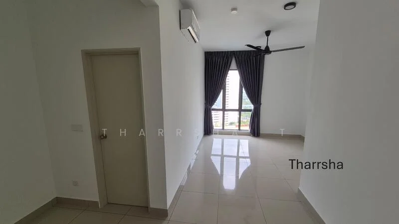 Room features: white painted walls, glossy tile flooring, 5-blade ceiling fan, wall-mounted split AC, floor-to-ceiling window, dark curtains, door with handle, natural light; style: modern; view: city.