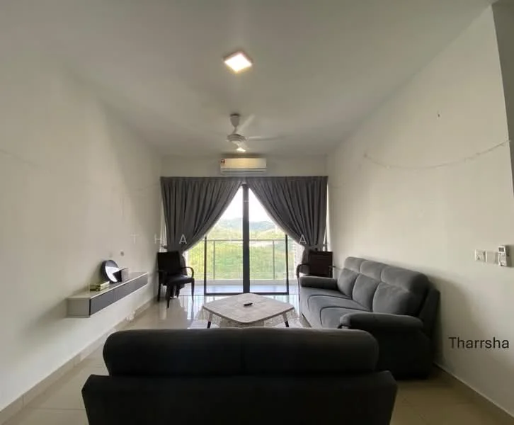 Living features: 3-seater fabric sofa in grey, 2-seater fabric sofa in grey, coffee table, wall-mounted TV console, floor-to-ceiling sliding glass door, curtains in grey, ceiling fan, recessed LED downlights, tile flooring, white painted walls; style: modern; view: garden.