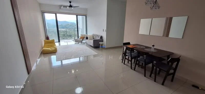 Living features: large floor-to-ceiling windows, mountain view, grey fabric sofa, yellow bean bag, white area rug, dining table with four chairs, wall-mounted mirror, recessed ceiling lights, polished ceramic tile flooring; style: modern; view: mountain.