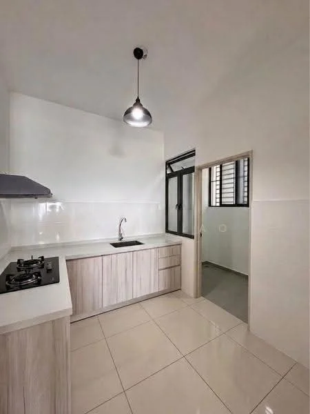 Kitchen features: white painted walls, light grey cabinetry, single-bowl stainless-steel sink, chrome pull-down faucet, 4-burner gas hob, white countertop, tile flooring, pendant light, window with grid pattern, open layout to adjacent room; style: modern. Room features: white painted walls, tile flooring, window with grid pattern.