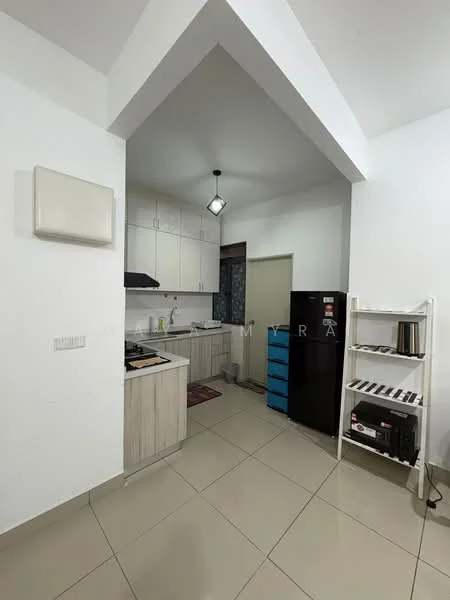 Kitchen features: white painted walls, flat-panel light wood cabinetry, black countertop, stainless-steel sink, chrome pull-down faucet, built-in stove, exhaust hood, refrigerator, tile flooring, pendant light, open shelving, kitchen rug; style: modern.