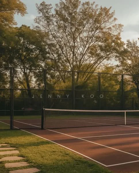Exterior type: tennis court; features: hard court surface, fenced perimeter, net in center, surrounded by trees, manicured grass area, stone-paved walkway; style: modern.